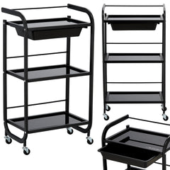 Kosmetologinis staliukas vežimėlis su stiklinėmis lentynomis ir ištraukiamu stalčiumi 102B, juodas