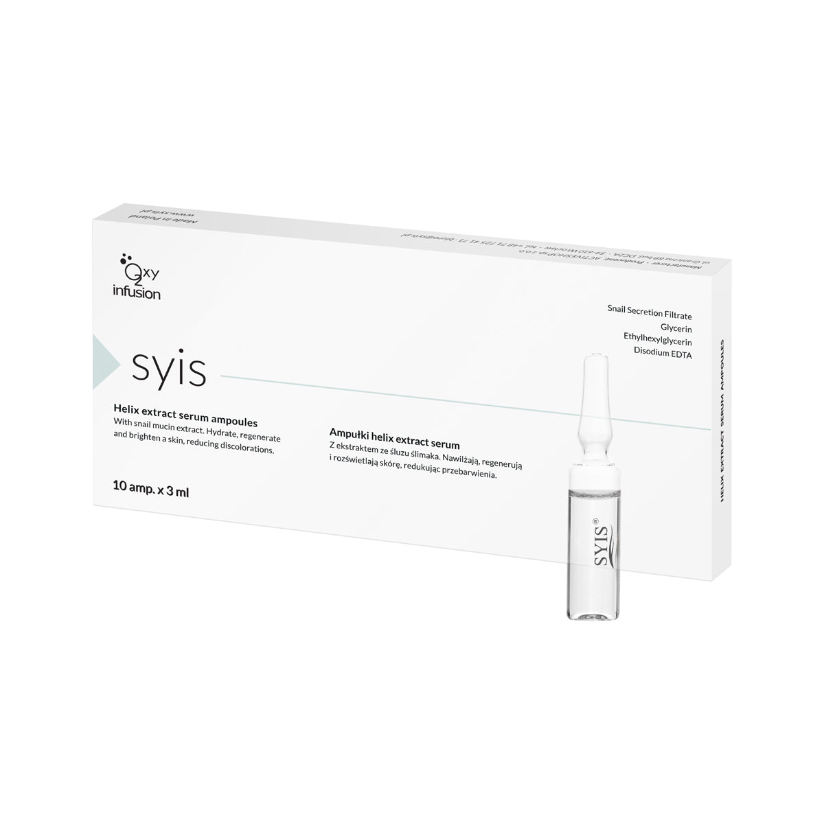 SYIS ampulės su sraigių sekretu – regeneracijai, aknei ir pigmentacijai – 10 x 3 ml