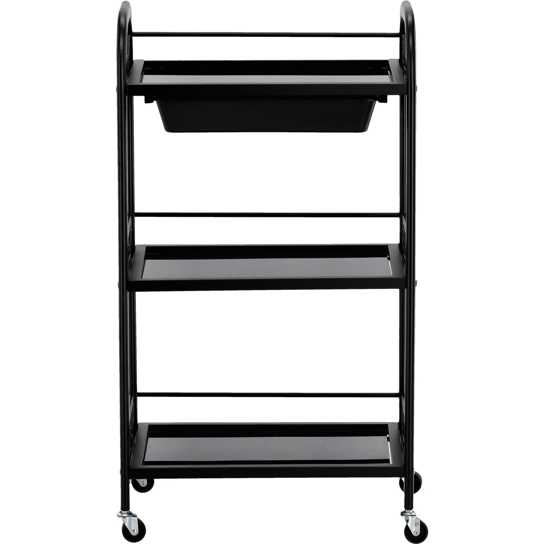 Kosmetologinis staliukas vežimėlis 107B su stiklinėmis lentynomis – juodas