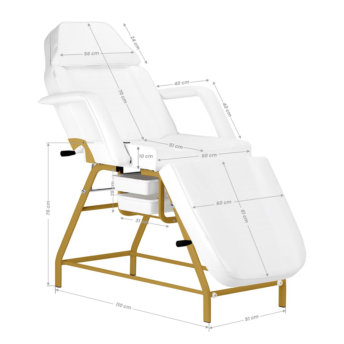 Kosmetologinis gultas 557G su porankiais, baltas su auko sp. apdaila