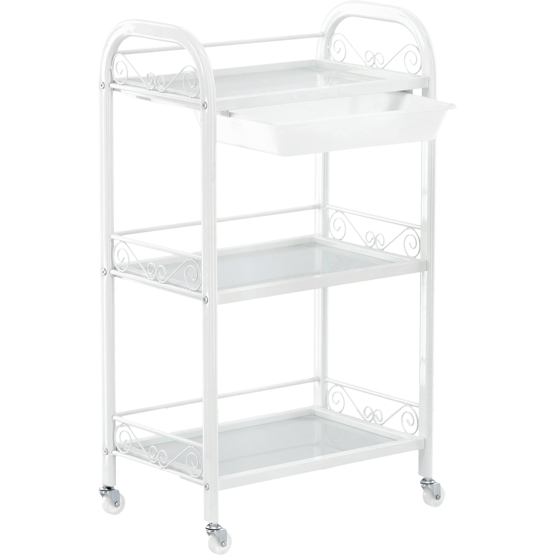 Kosmetologinis staliukas vežimėlis 107B su stiklinėmis lentynomis – baltas