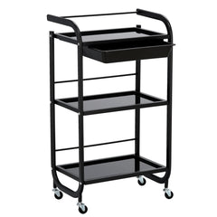 Kosmetologinis staliukas vežimėlis su stiklinėmis lentynomis ir ištraukiamu stalčiumi 102B, juodas