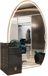 Kirpyklos veidrodis konsolė su LED apšvietimu – 220x150 cm, dvipusis, auksinis