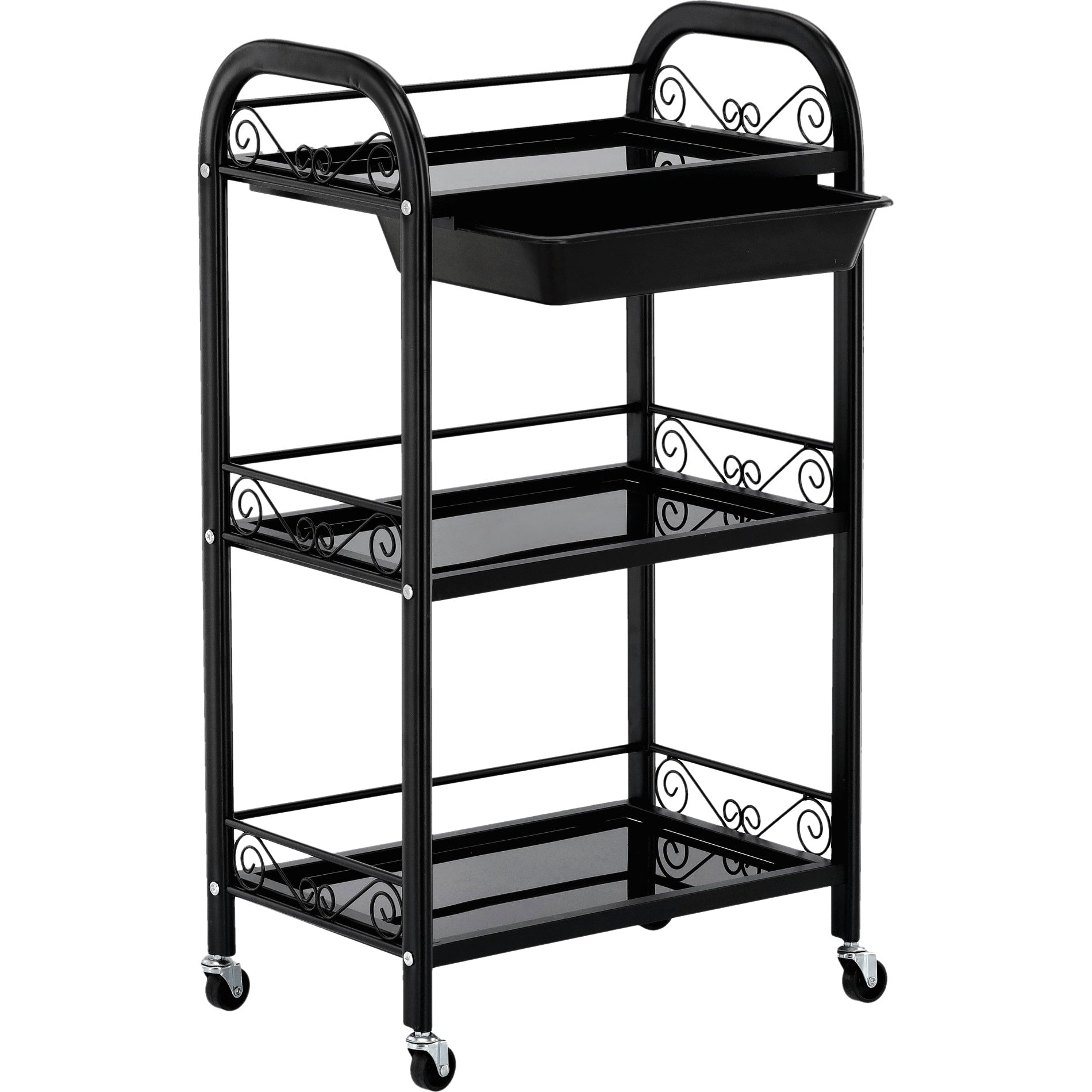 Kosmetologinis staliukas vežimėlis 107B su stiklinėmis lentynomis – juodas