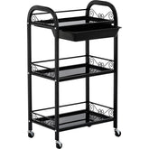 Kosmetologinis staliukas vežimėlis 107B su stiklinėmis lentynomis – juodas