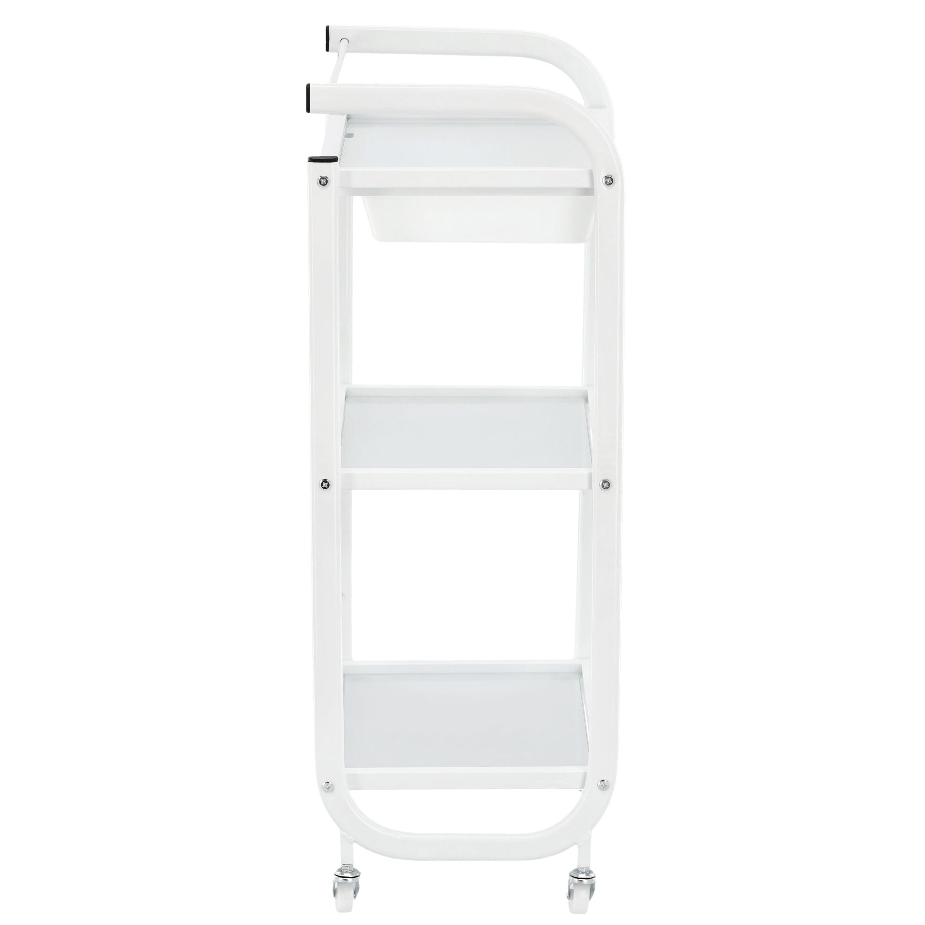 Kosmetologinis staliukas vežimėlis su stiklinėmis lentynomis ir ištraukiamu stalčiumi 102B, baltas