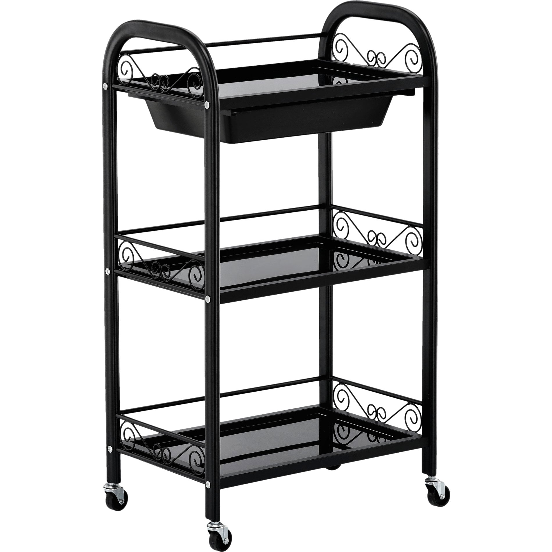 Kosmetologinis staliukas vežimėlis 107B su stiklinėmis lentynomis – juodas