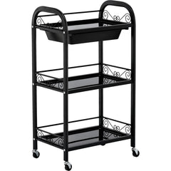 Kosmetologinis staliukas vežimėlis 107B su stiklinėmis lentynomis – juodas