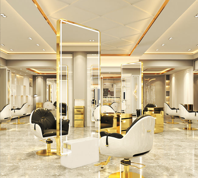 Kirpyklos konsolė su LED veidrodžiu – PRO modelis 200 × 80 cm, dvipusis, aliuminio rėmas (aukso spalvos)