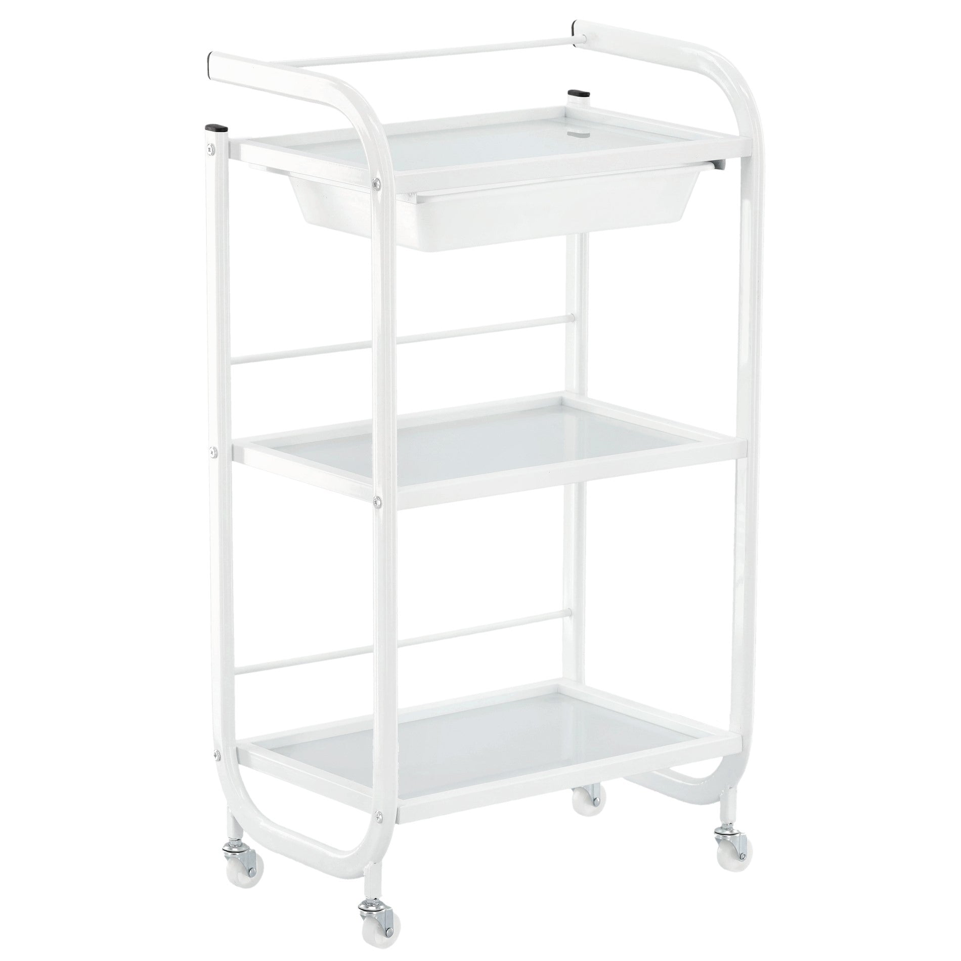 Kosmetologinis staliukas vežimėlis su stiklinėmis lentynomis ir ištraukiamu stalčiumi 102B, baltas
