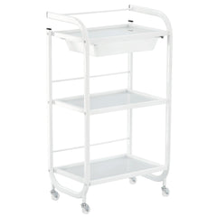 Kosmetologinis staliukas vežimėlis su stiklinėmis lentynomis ir ištraukiamu stalčiumi 102B, baltas