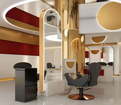 Dvipusė kirpyklos konsolė su LED veidrodžiu – PRO modelis 200 × 80 cm, aliuminio rėmas (aukso spalvos)