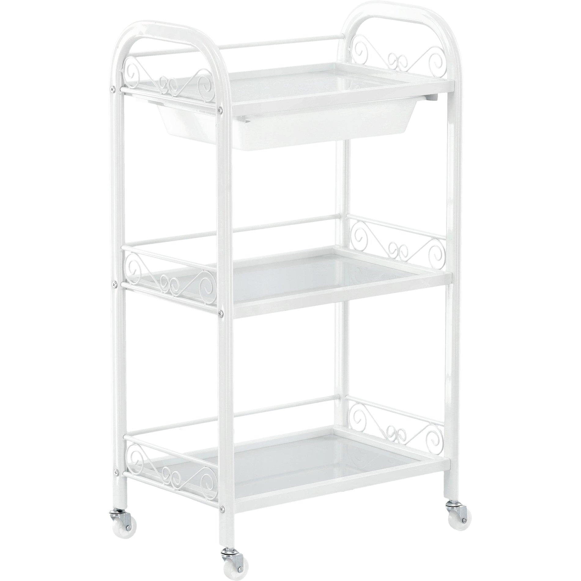 Kosmetologinis staliukas vežimėlis 107B su stiklinėmis lentynomis – baltas