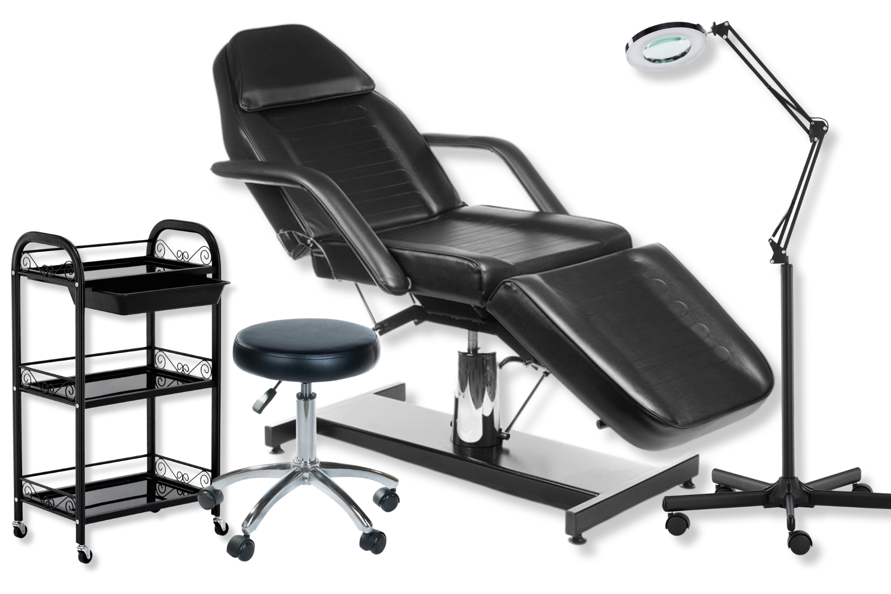 Kosmetologinis komplektas NR. 4 : Kosmetologinis hidraulinis gultas + Lempa-lūpa + Meistro kėdutė + Vežimėlis-staliukas