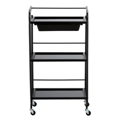 Kosmetologinis staliukas vežimėlis su stiklinėmis lentynomis ir ištraukiamu stalčiumi 102B, juodas