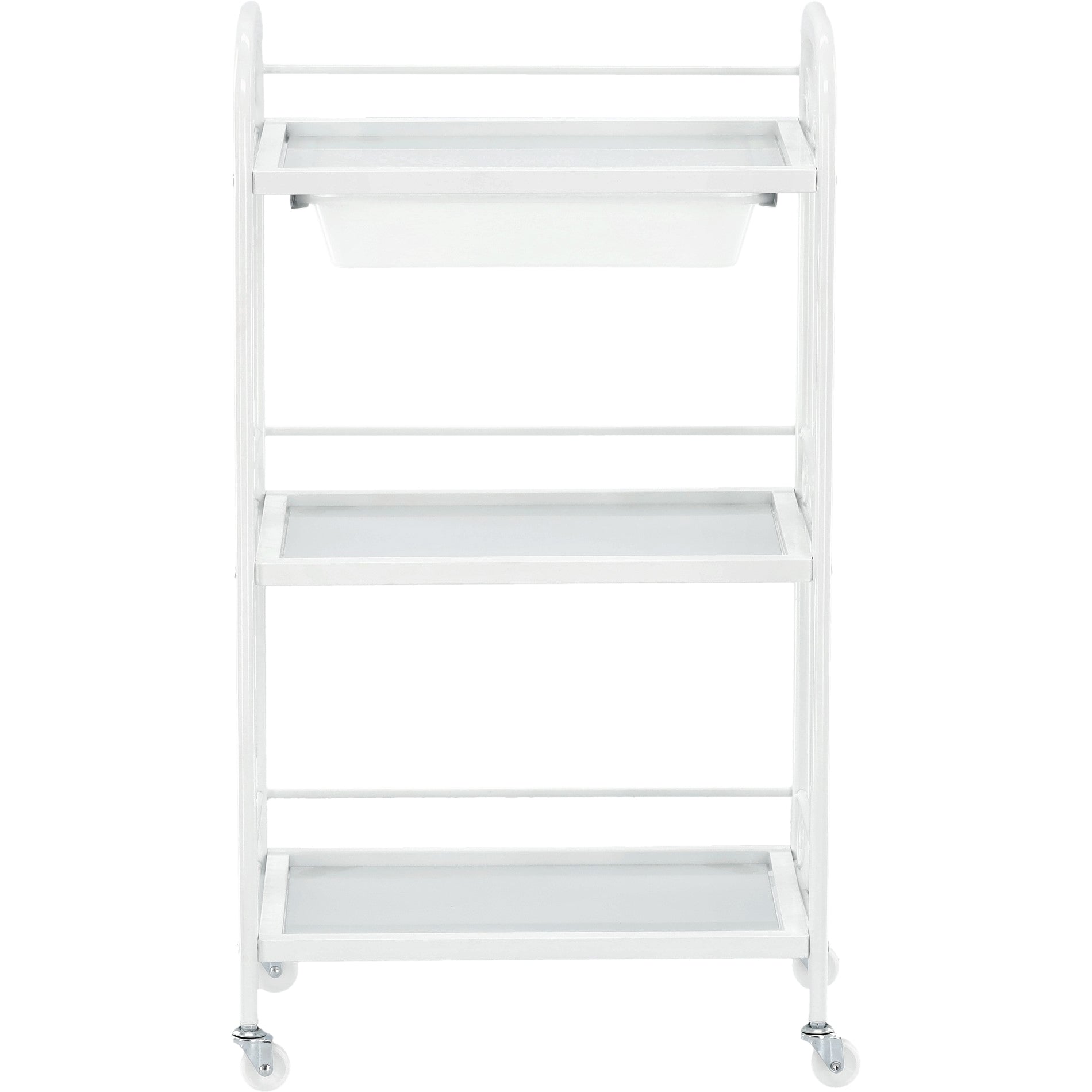 Kosmetologinis staliukas vežimėlis 107B su stiklinėmis lentynomis – baltas