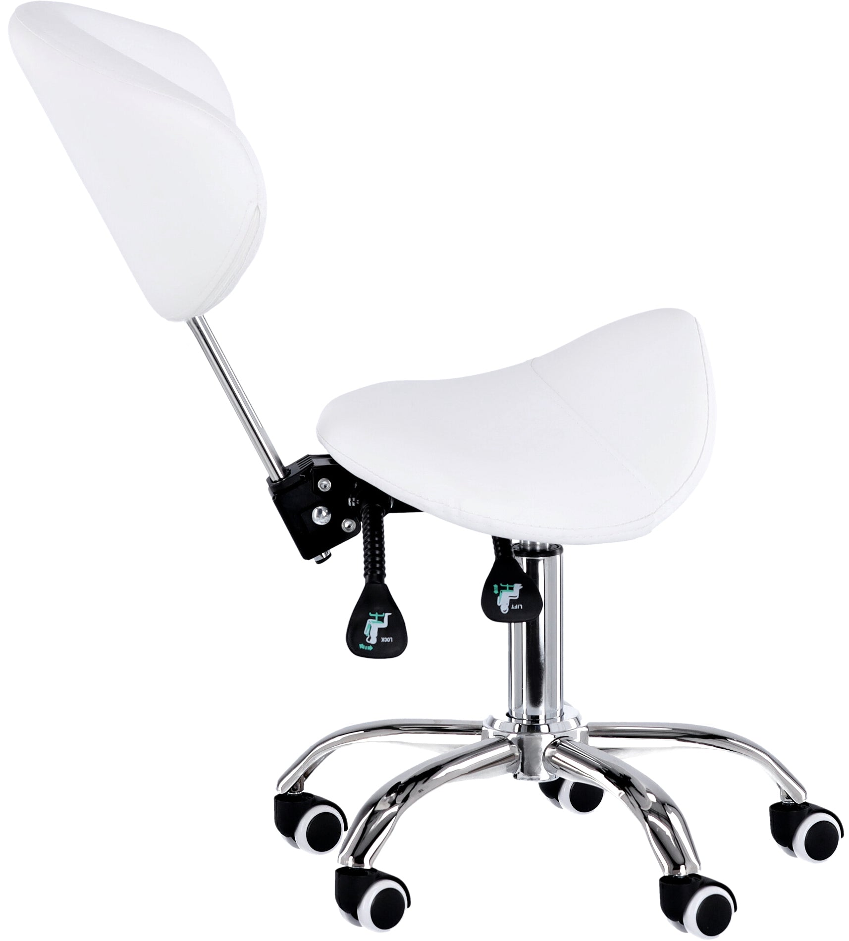 Kosmetologinė kėdė su atlošu - balnas Premium-3 XT (balta)