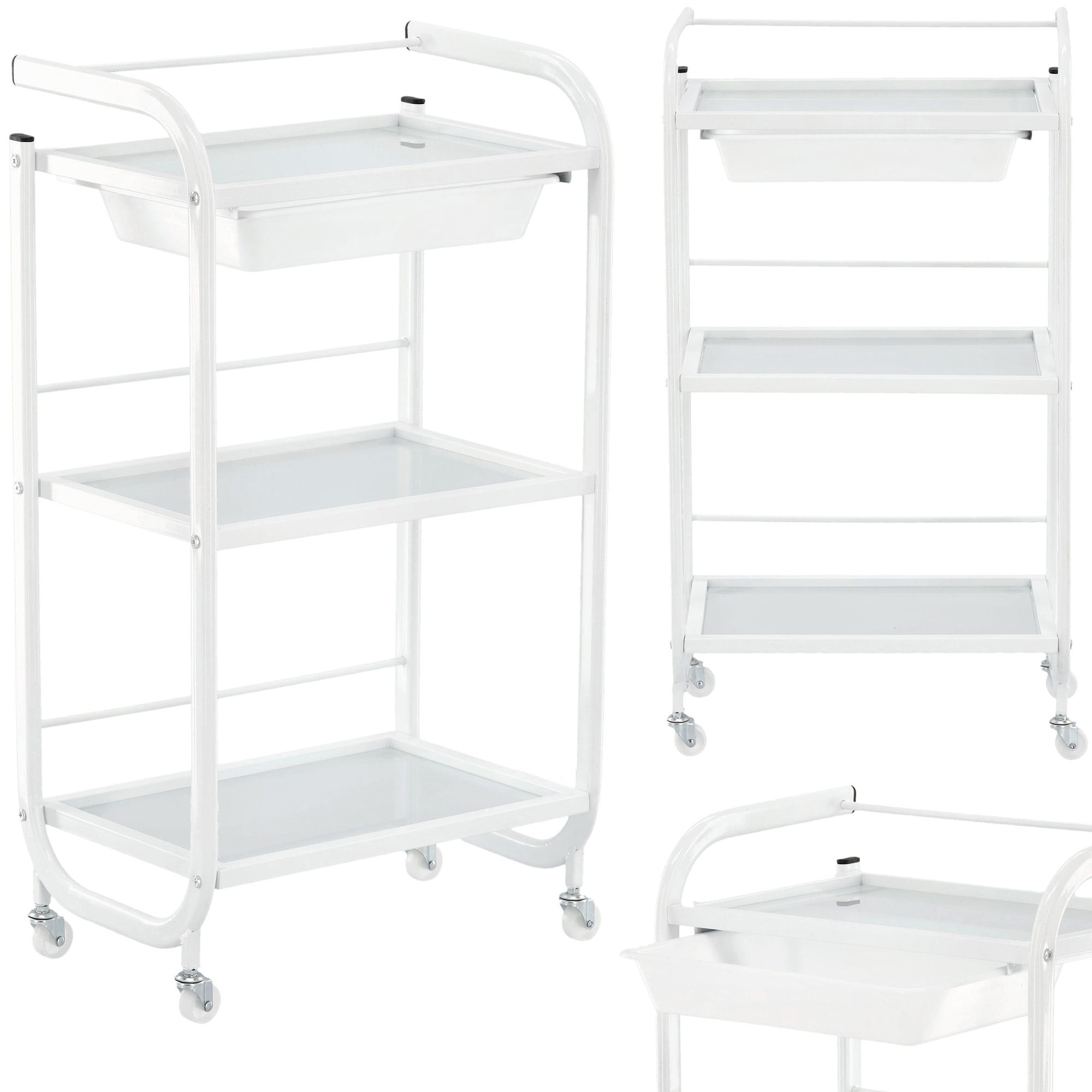 Kosmetologinis staliukas vežimėlis su stiklinėmis lentynomis ir ištraukiamu stalčiumi 102B, baltas