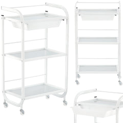 Kosmetologinis staliukas vežimėlis su stiklinėmis lentynomis ir ištraukiamu stalčiumi 102B, baltas