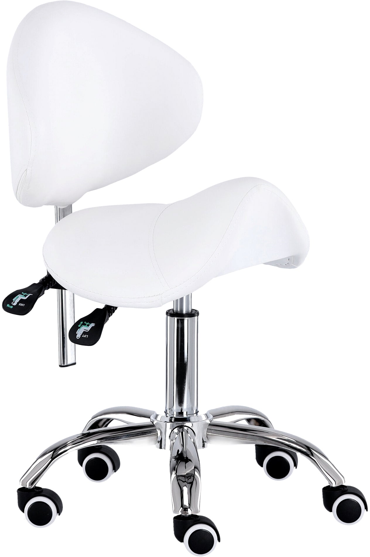 Kosmetologinė kėdė su atlošu - balnas Premium-3 XT (balta)