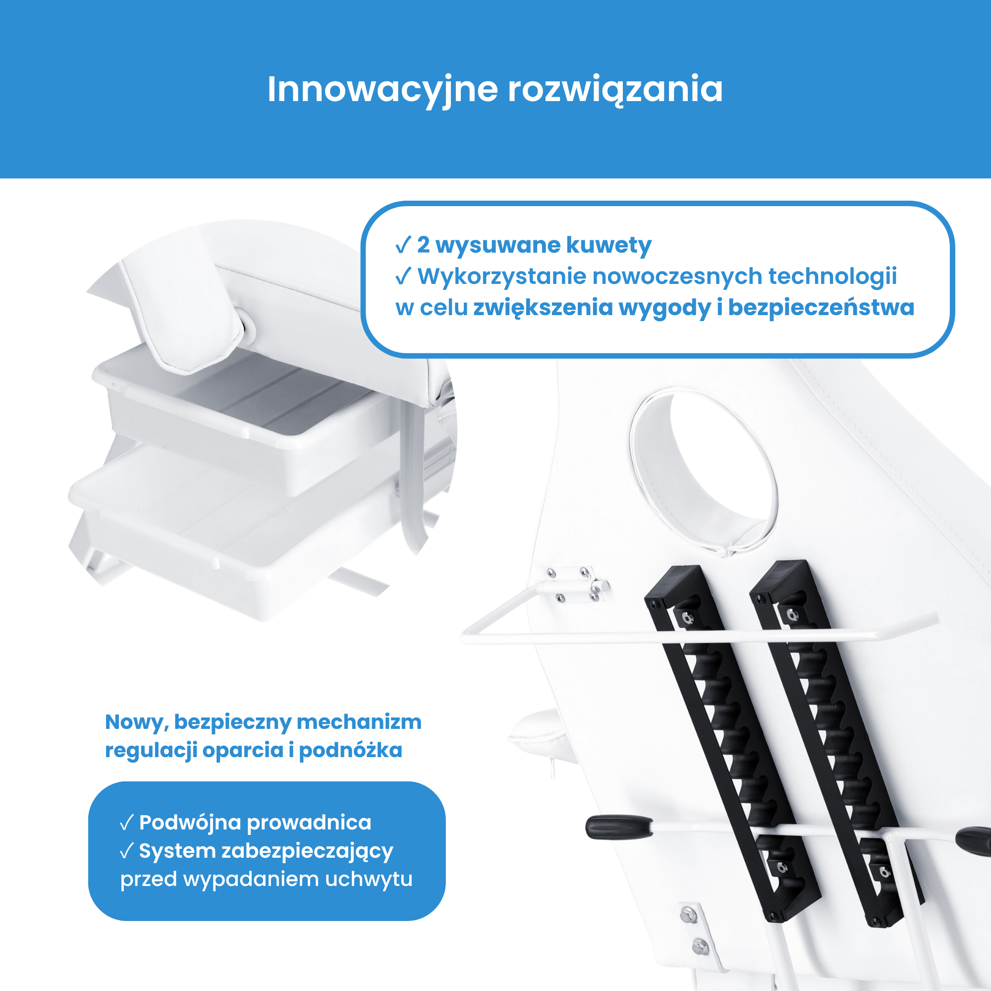Mechaninis kosmetologinis gultas su kuvetėmis – Verano, 72 cm, baltas