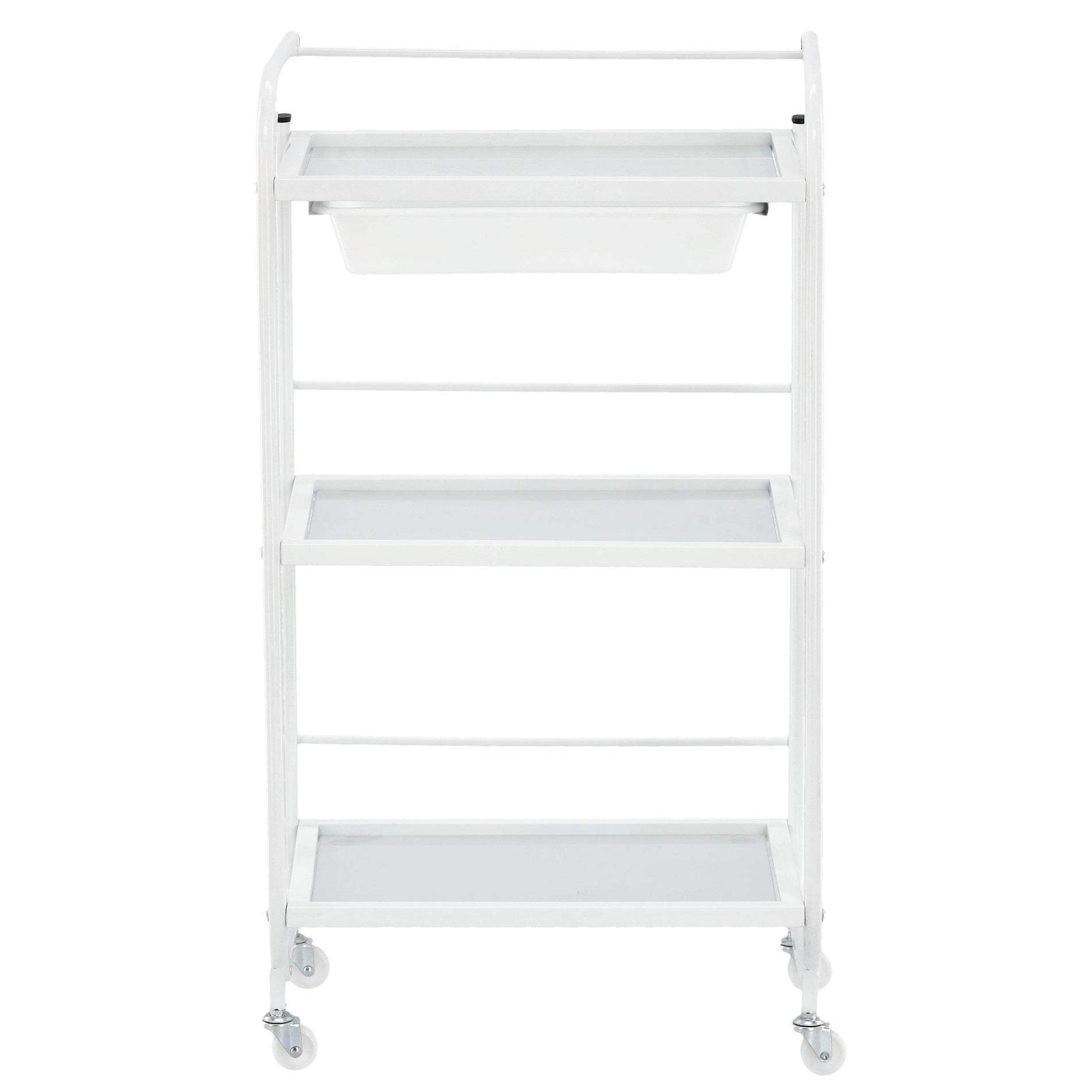 Kosmetologinis staliukas vežimėlis su stiklinėmis lentynomis ir ištraukiamu stalčiumi 102B, baltas