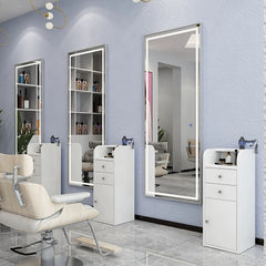 Kirpyklos konsolė su LED veidrodžiu – PRO modelis 180 × 70 cm, sidabro spalvos