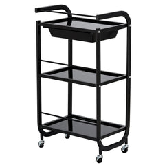 Kosmetologinis staliukas vežimėlis su stiklinėmis lentynomis ir ištraukiamu stalčiumi 102B, juodas