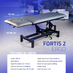 Masažo stalas Fortis 2 ERGO su elektriniu aukščio reguliavimu – pilkas