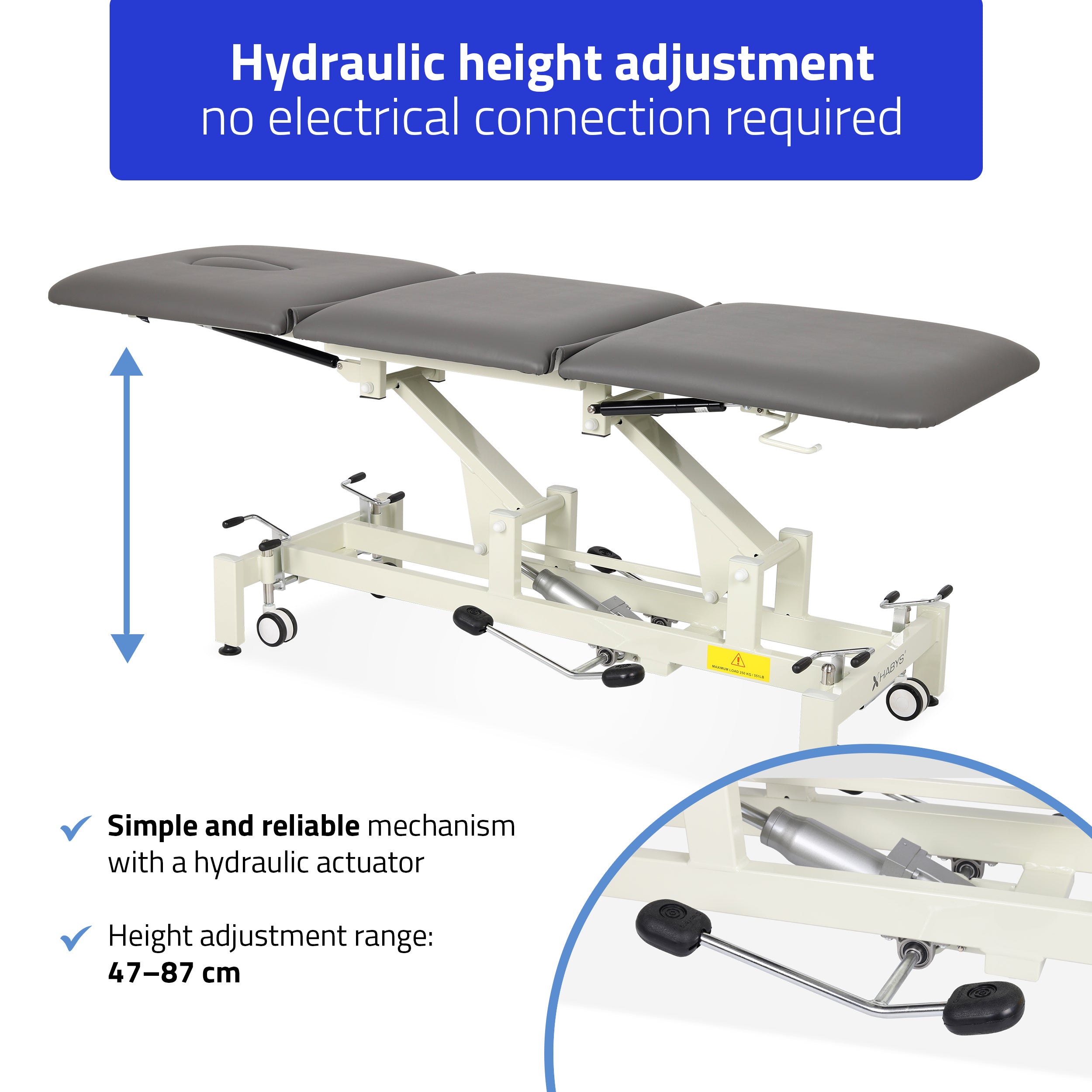 Terapinis stalas Ultima H3 – pilkas, 3 dalių, hidraulinis reguliavimas, su ratukais