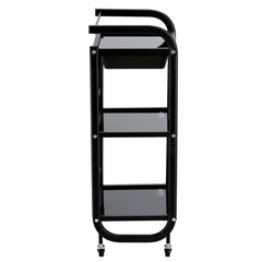 Kosmetologinis staliukas vežimėlis su stiklinėmis lentynomis ir ištraukiamu stalčiumi 102B, juodas