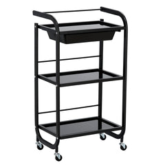 Kosmetologinis staliukas vežimėlis su stiklinėmis lentynomis ir ištraukiamu stalčiumi 102B, juodas