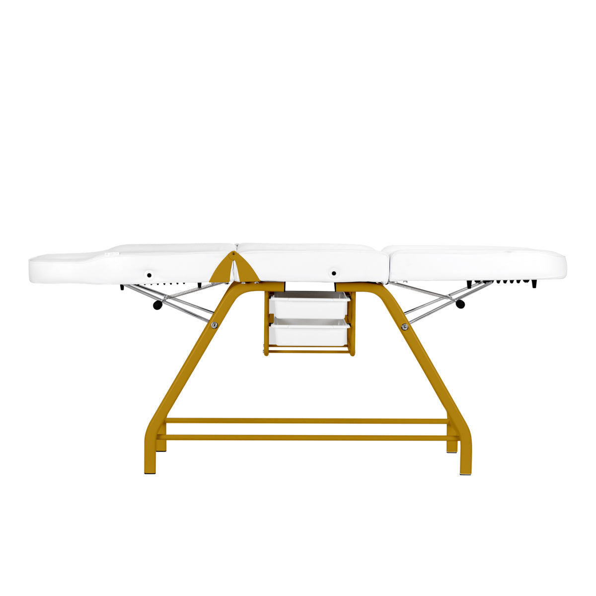 Kosmetologinis gultas 557G su porankiais, baltas su auko sp. apdaila