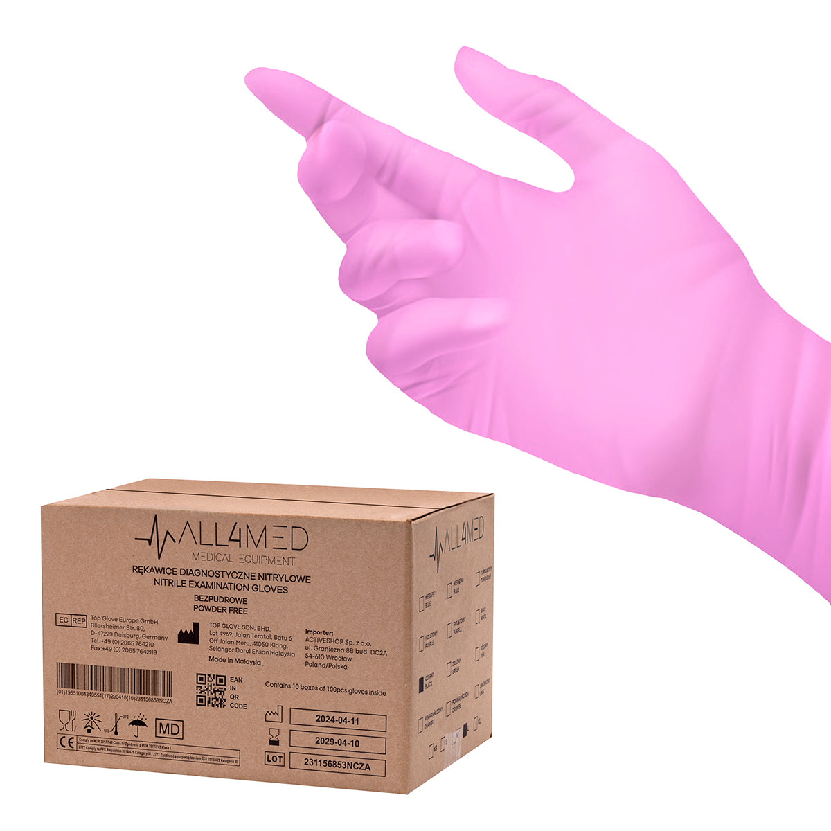 All4med vienkartinės nitrilo pirštinės be pudros rožinės XS, 10x100vnt