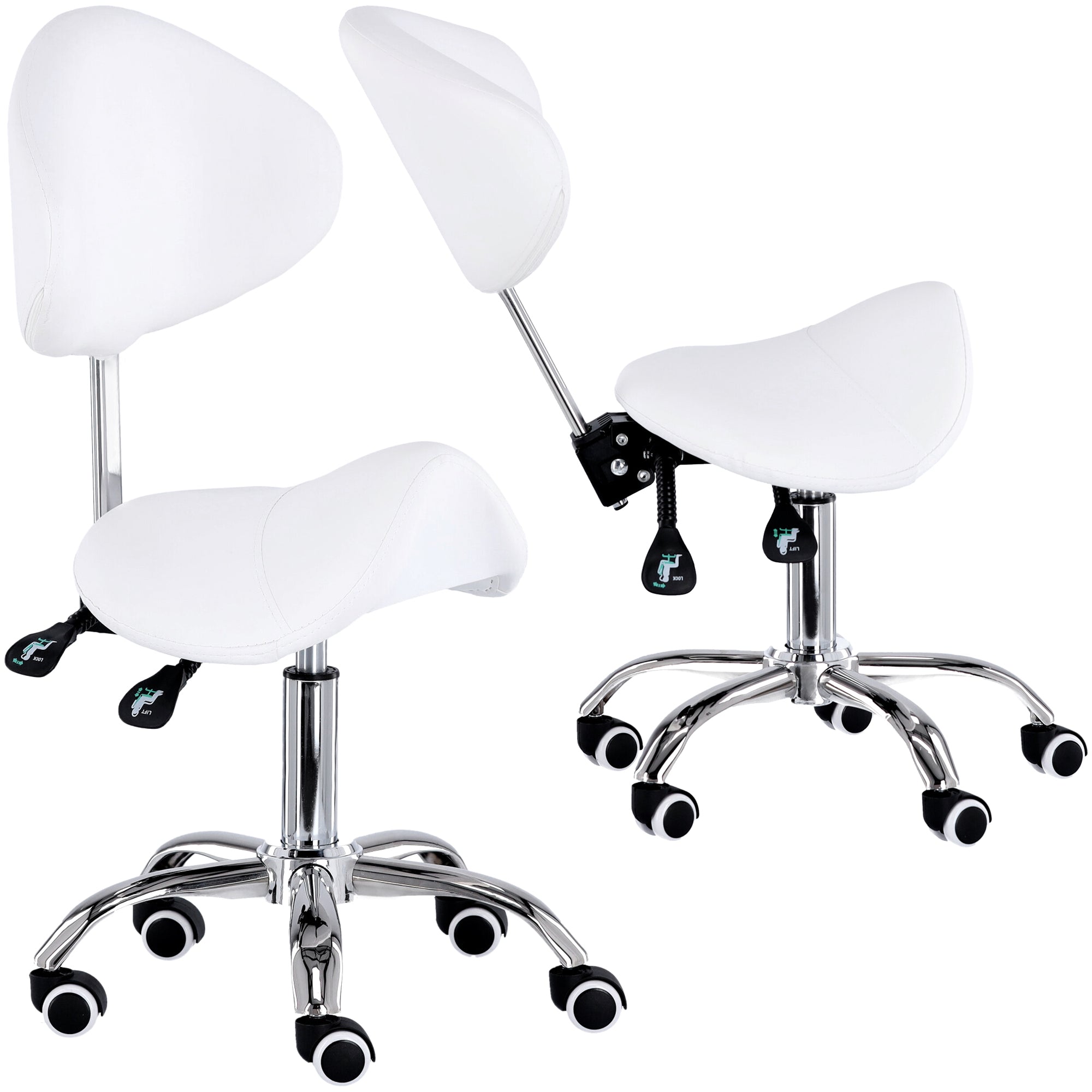 Kosmetologinė meistro balno formos kėdė su atlošu XT-03P – balta