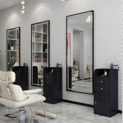 Kirpyklos konsolė su LED veidrodžiu – PRO modelis 180 × 70 cm, juodos spalvos