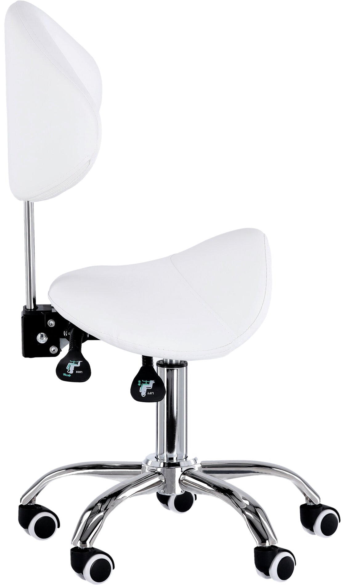 Kosmetologinė meistro balno formos kėdė su atlošu XT-03P – balta