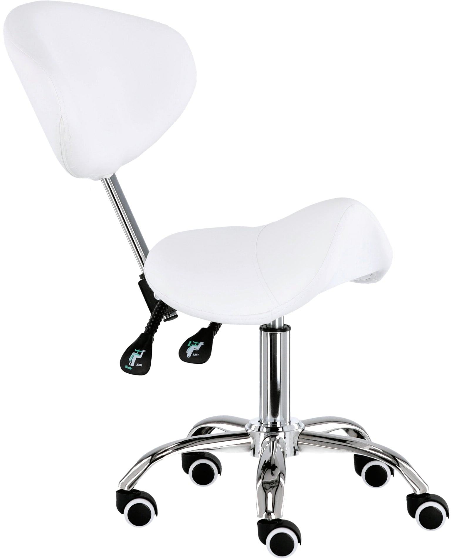 Kosmetologinė meistro balno formos kėdė su atlošu XT-03P – balta