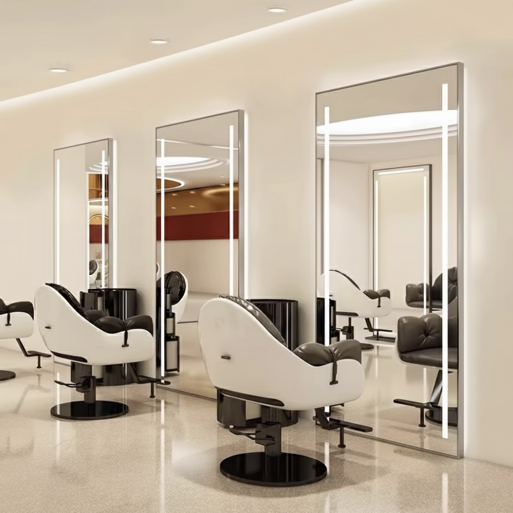 LED veidrodis–konsolė kirpyklai ir barberiui PRO, 200 × 80 cm, sidabrinės spalvos