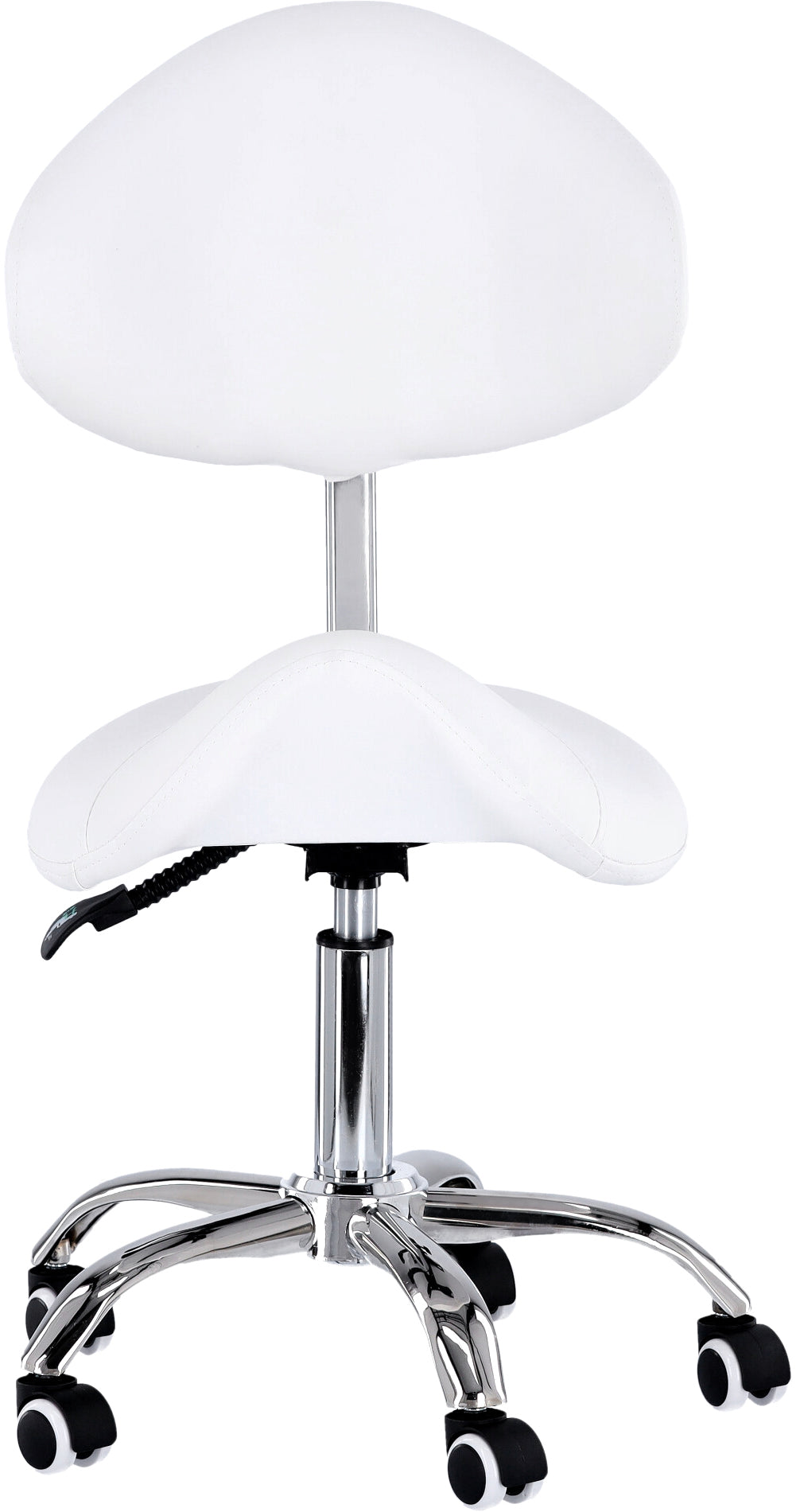 Kosmetologinė meistro balno formos kėdė su atlošu XT-03P – balta