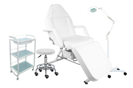 Kosmetologinis komplektas NR. 1: Kosmetologinis gultas + Lempa-lūpa + Meistro kėdutė + Vežimėlis-staliukas (balta)