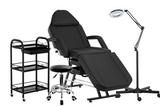 Kosmetologinis komplektas NR. 2: Kosmetologinis gultas + Lempa-lūpa + Meistro kėdutė + Vežimėlis-staliukas (juoda)
