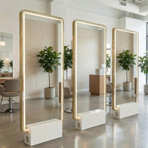 Kirpyklos veidrodis su LED apšvietimu 190x80, dvipusis PRO, auksinis ant akmens