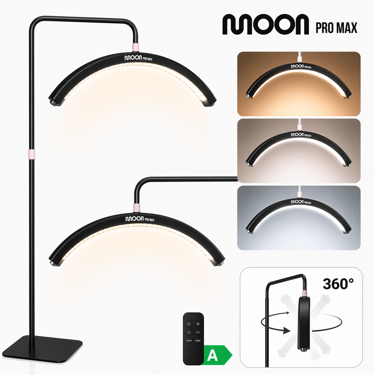 Pastatoma LED kosmetologinė pusmėnulio lempa Moon Pro MAX, 54 W – juoda