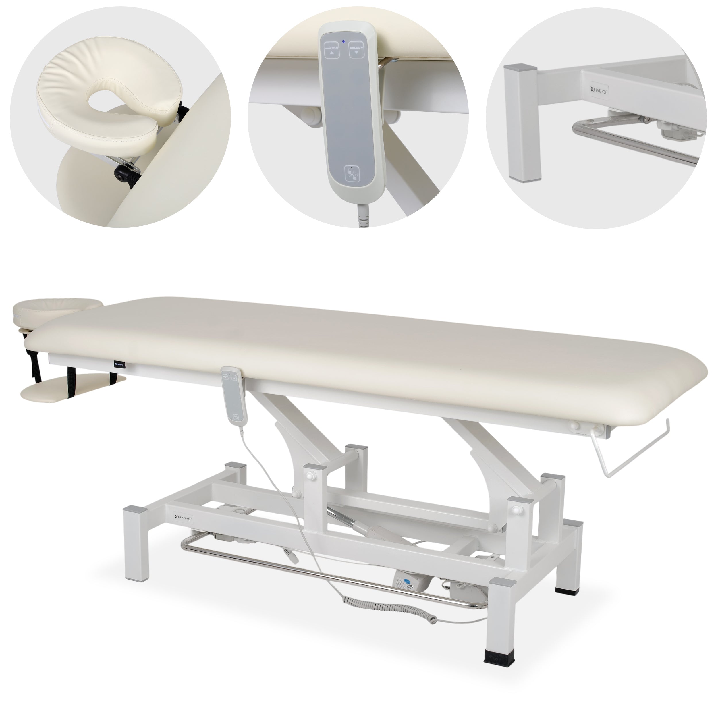 --Fortis 1 treatment table, electric adjustment, hand remote control, foot control bar, headrest, arm shelf  k707 ivory-