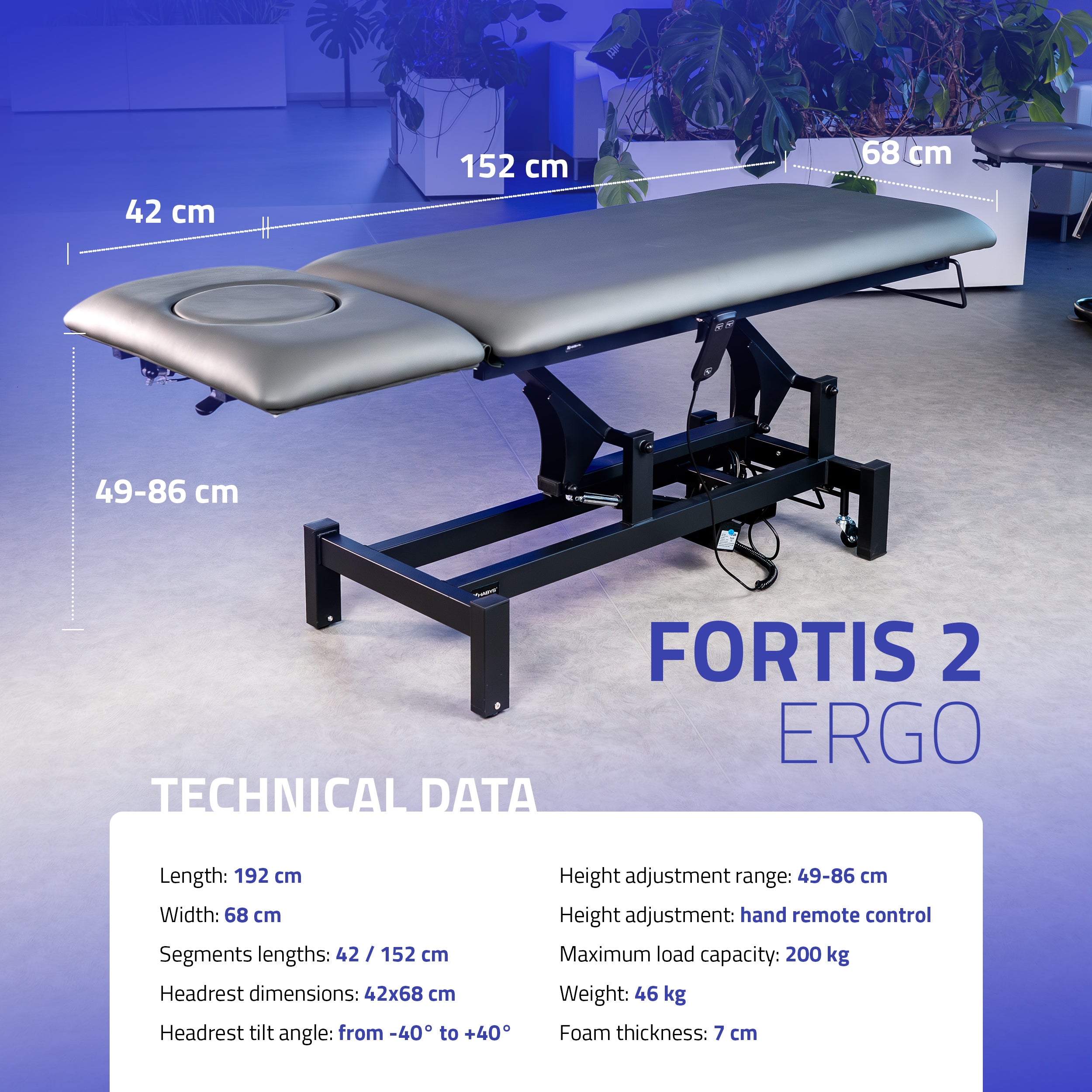 Masažo stalas Fortis 2 ERGO su elektriniu aukščio reguliavimu – pilkas
