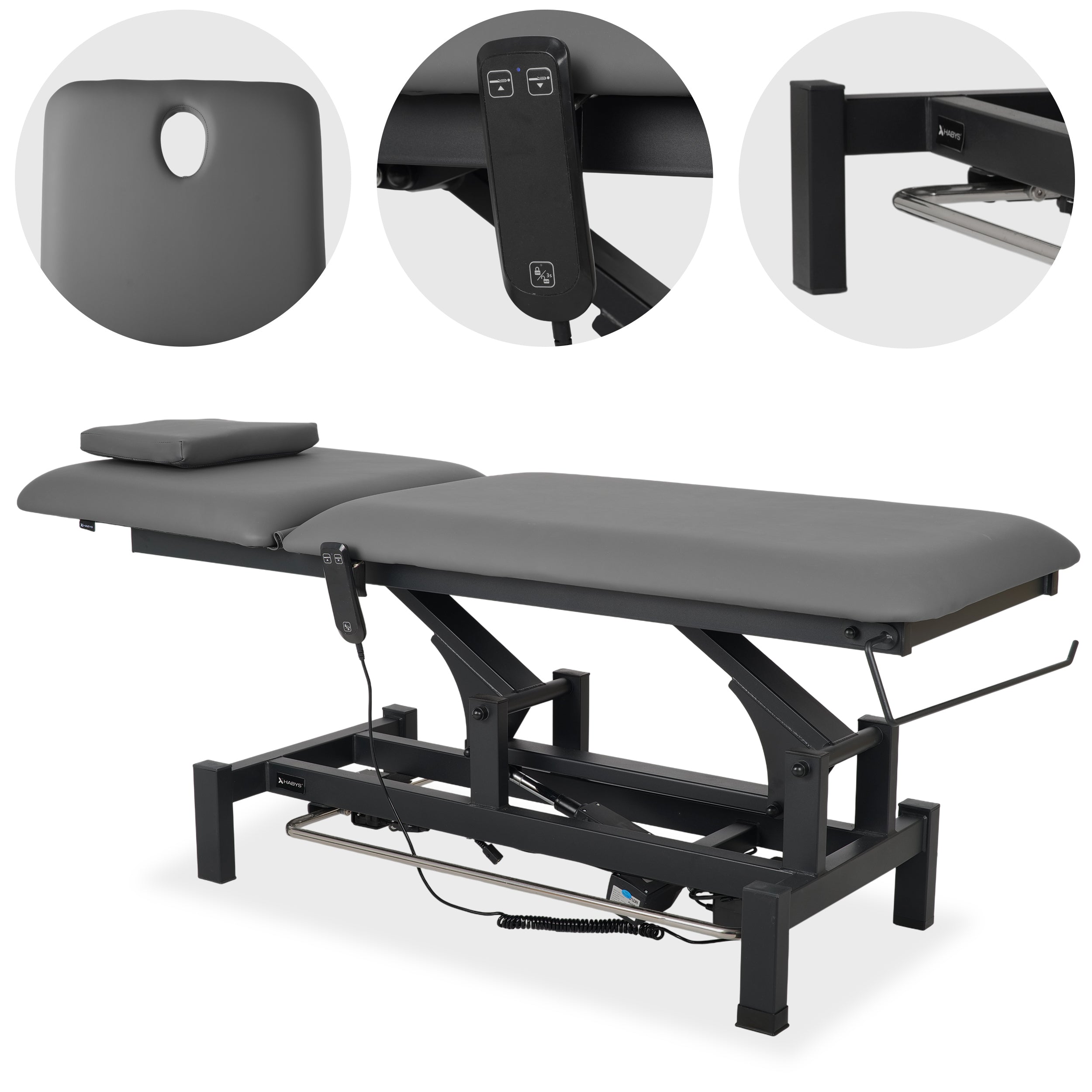 --Fortis 2 treatment table, electric adjustment, foot control bar, hand remote control, head cushion, k722 gray-