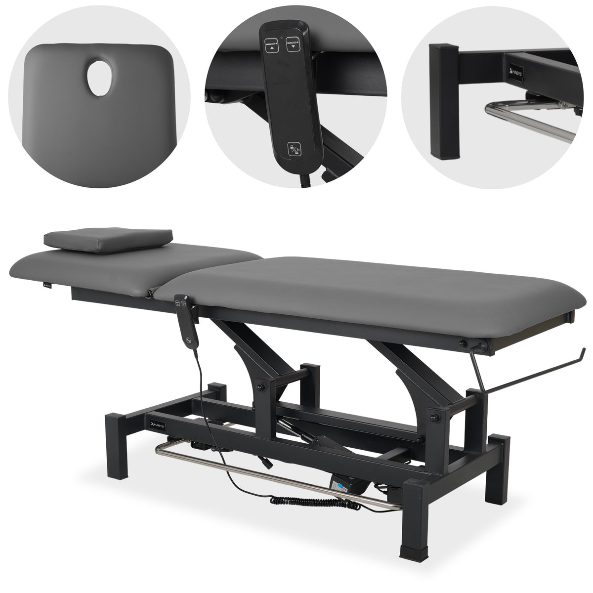 --Fortis 2 treatment table, electric adjustment, foot control bar, hand remote control, head cushion, k722 gray-