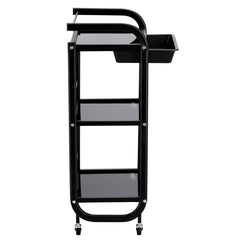 Kosmetologinis staliukas vežimėlis su stiklinėmis lentynomis ir ištraukiamu stalčiumi 102B, juodas