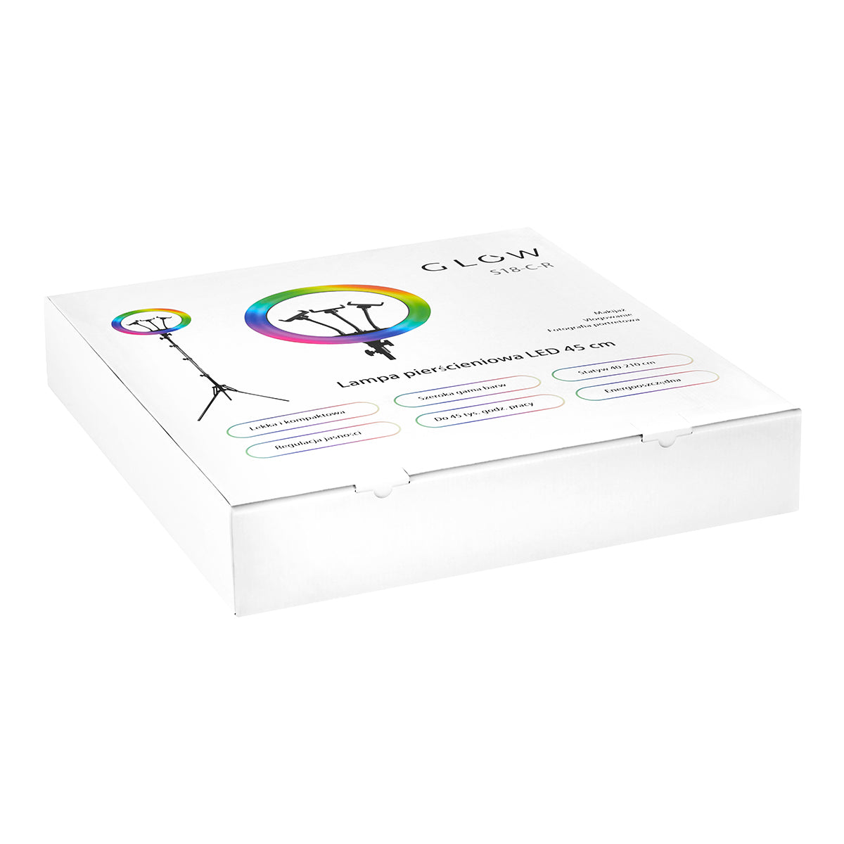 ŽIEDINĖ LEMPA SU STOVU, GLOW 18″ RGB 45W (su galimybe pasirinkti apšvietimo spalvą)